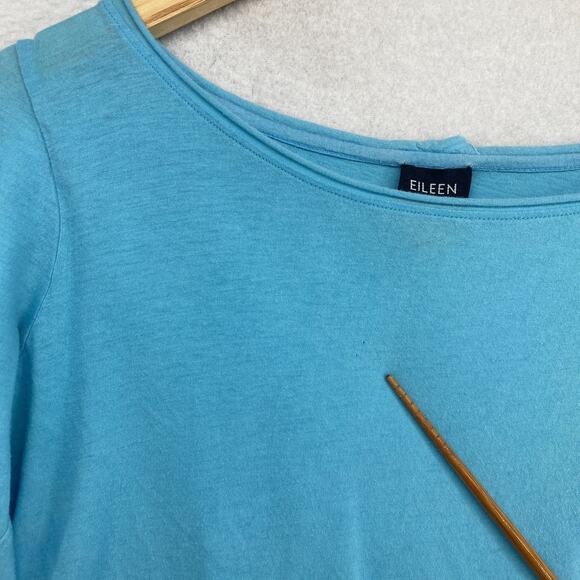 EILEEN FISHER Top M Fine Cotton Jersey Raw Hems Boat Neck Long Sleeve Blue - Picture 10 of 11